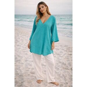 Coastal Beachy Turquoise Blue Embroidered Cotton Tunic V-Neck 3/4 Sleeve Top XL